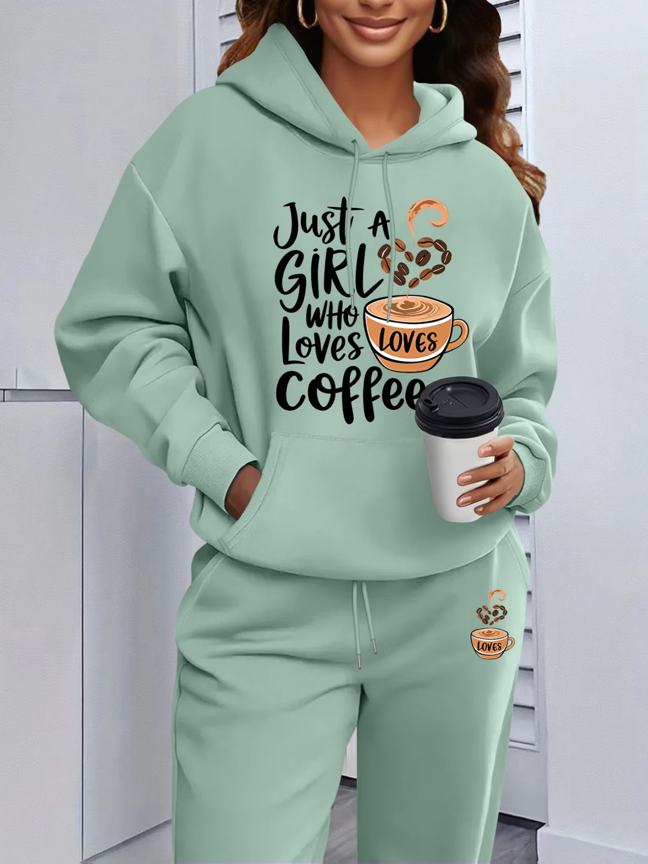 Coffee Lover Cup & Text Print Hooded Sweatshirt & Joggers Set