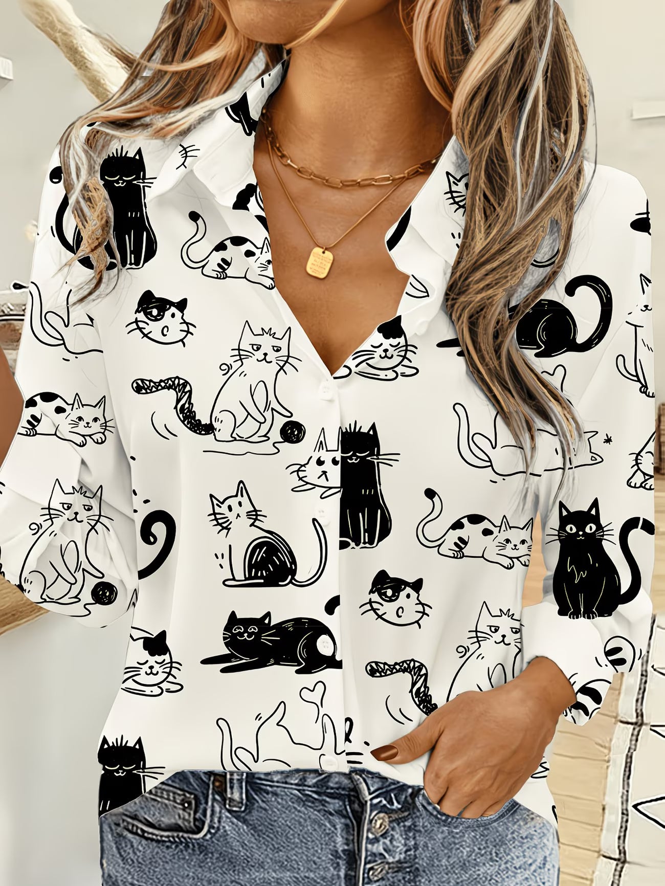 Women's Cartoon Print Loose-Fit Long Sleeve Shirt – Playful Casual Top