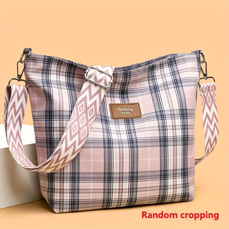 Ladies' Leisure Large-capacity Messenger Bag Tote Bag, Plaid Decorative Nylon Cloth with Wide Shoulder Strap,