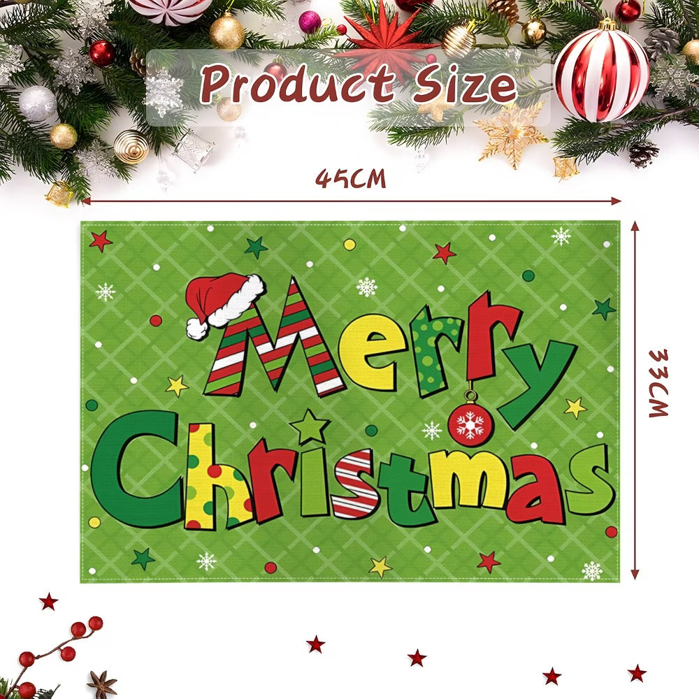 Christmas Table Mats – Set of 8 | Green Cartoon 'Merry Christmas' Placemats for Indoor & Outdoor Use