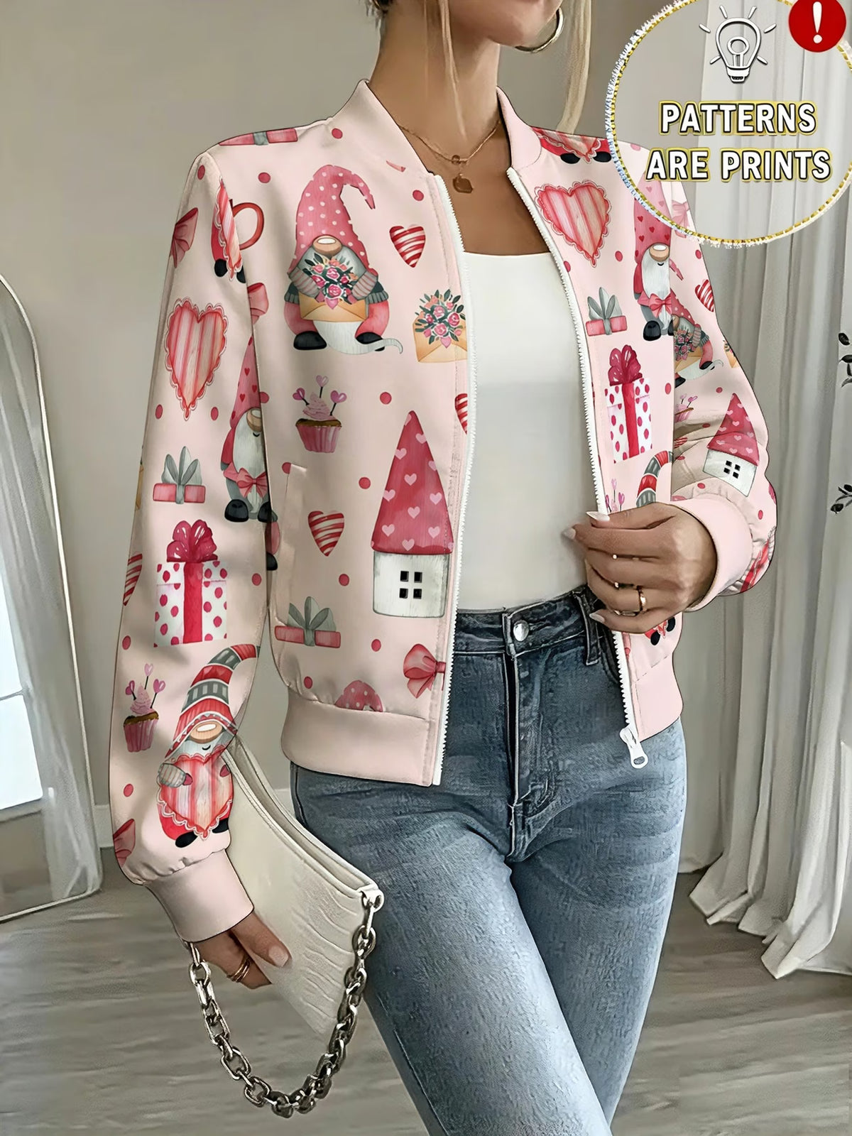 Women's Pink Valentine Gnome & Heart Print Zip-Up Jacket