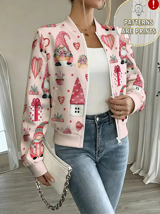 Women's Pink Valentine Gnome & Heart Print Zip-Up Jacket