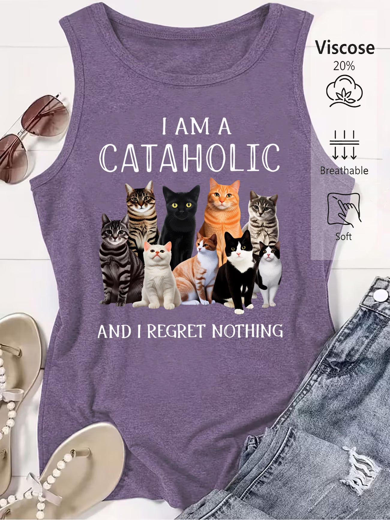 Women's "I Am a Cataholic" Cat Print Sleeveless Vest
