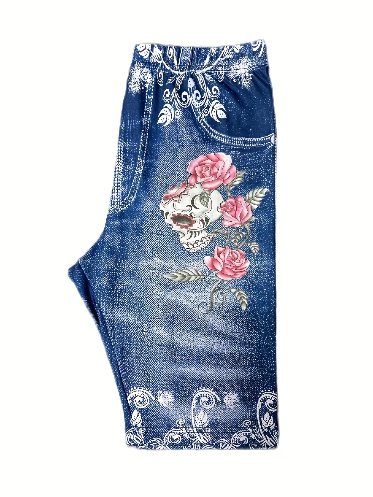 Women's Skull Print Leggings & Shorts — Faux Denim Effect | Stretchy Summer Fit
