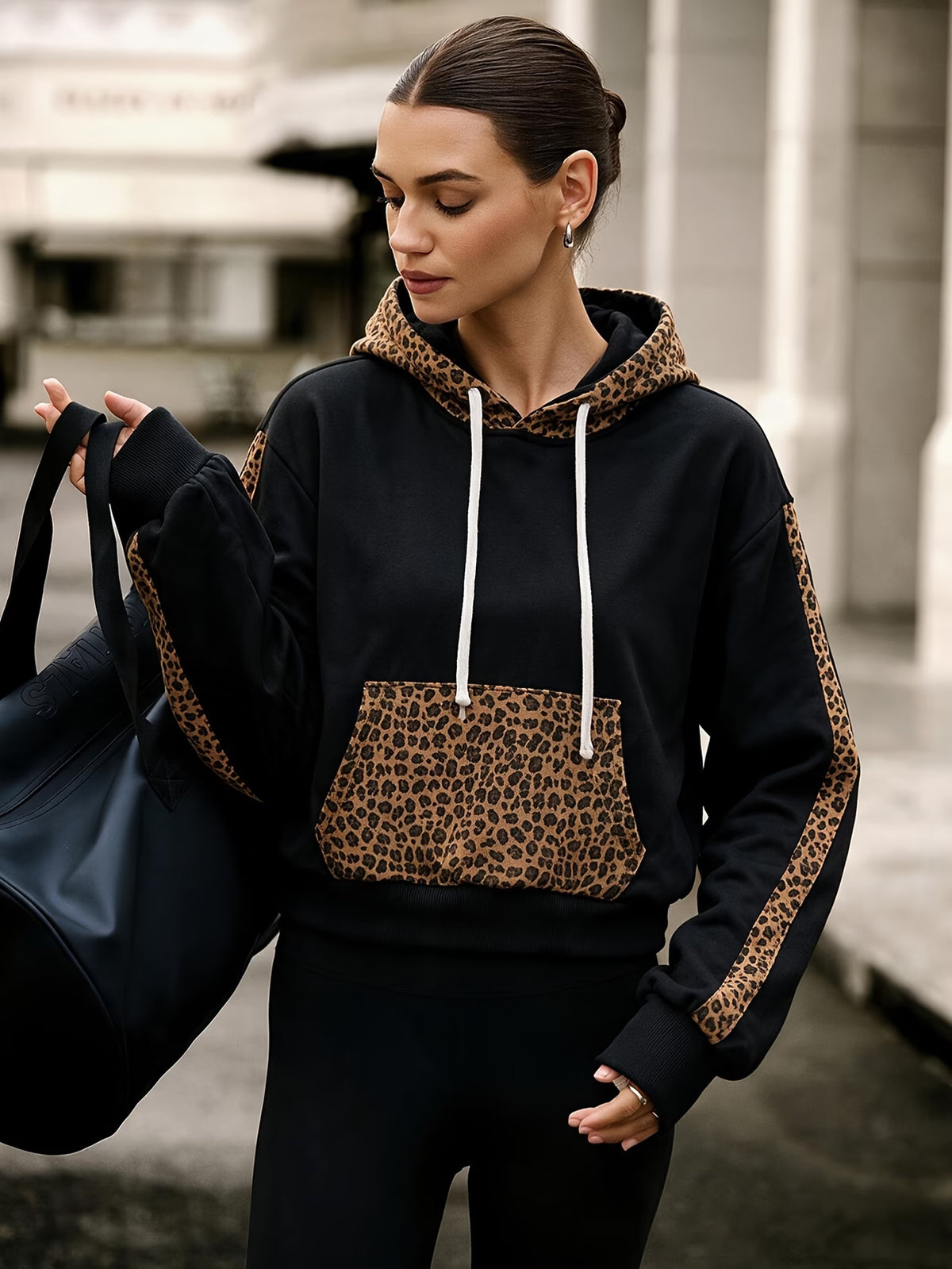 Women's Leopard Print Hoodie with Kangaroo Pocket