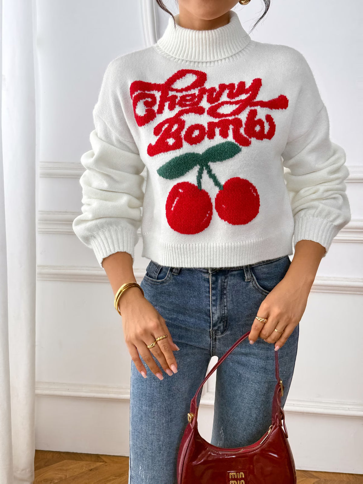 Women's Cherry Pattern Turtleneck Jumper