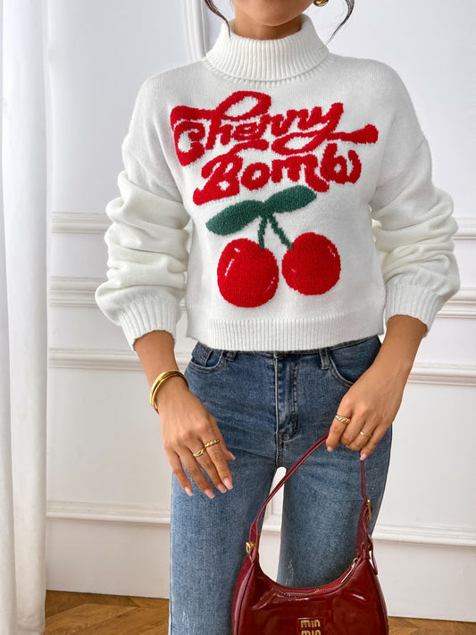 Women's Cherry Pattern Turtleneck Jumper