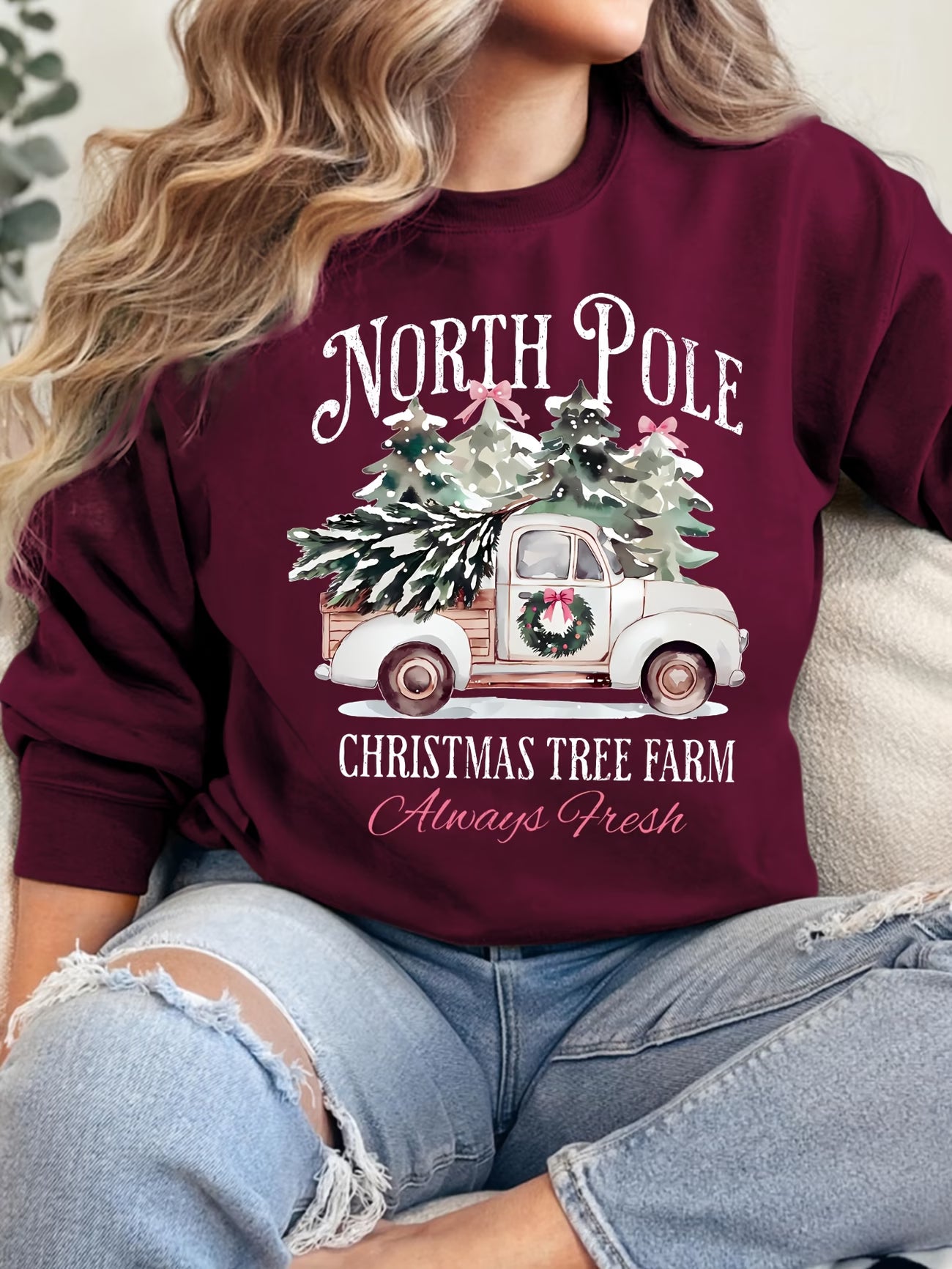 Women's North Pole Christmas Tree Farm Print Sweatshirt