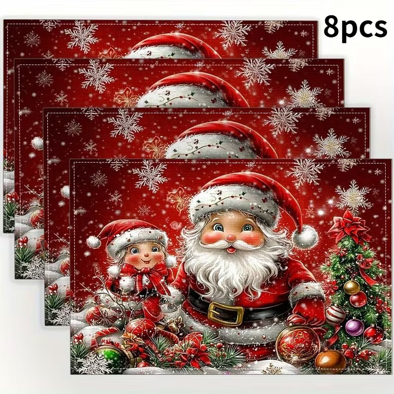 Christmas Table Mats – Set of 8 | Red Snowflake & Santa Placemats (30×45cm)
