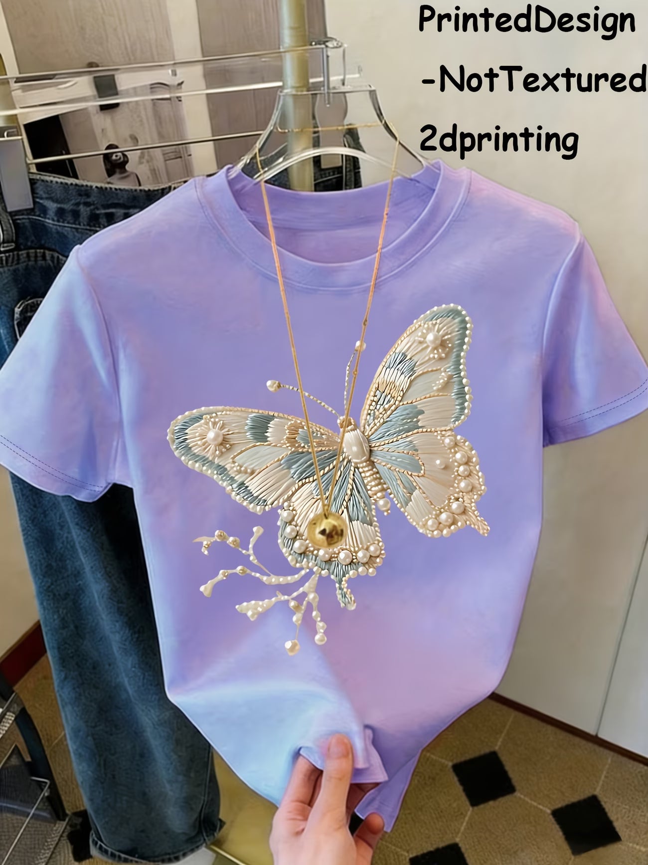 Butterfly & Pearl Embroidered-Print T-Shirt