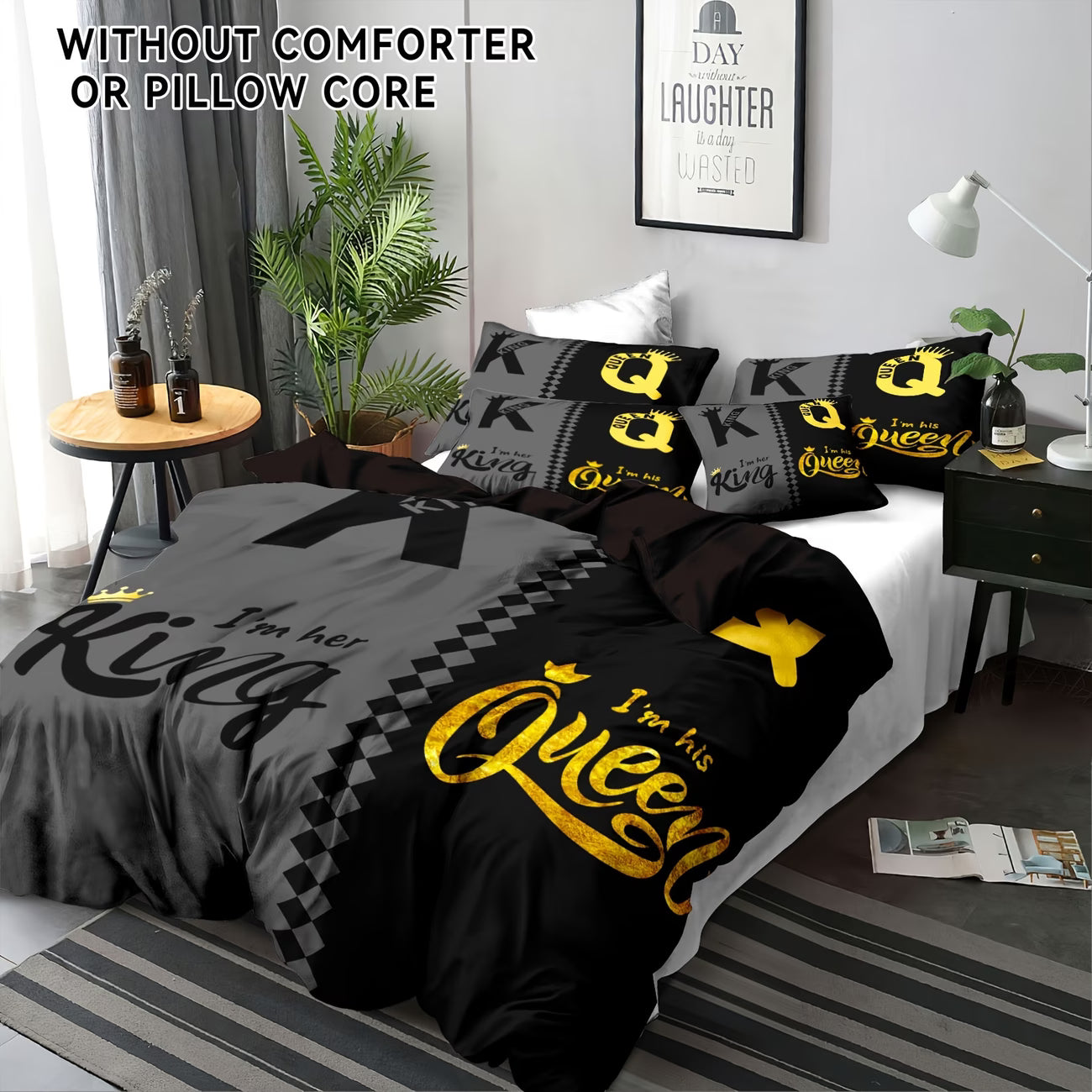 Valentine's Day Crown Print Duvet Cover Set – 3pcs, Black & Grey Design (Insert Not Included)