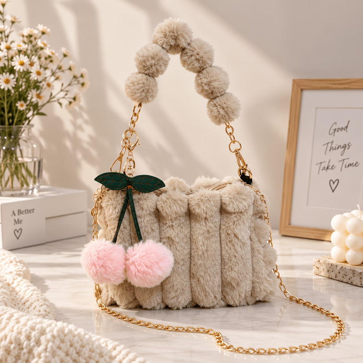 Women's Plush Mini Shoulder Bag with Cherry Charm