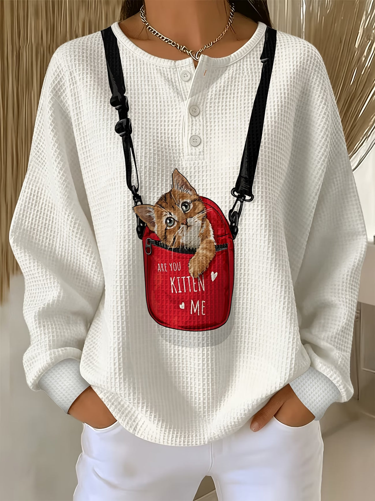 Women’s White & Red Sweater with Orange Cat Print