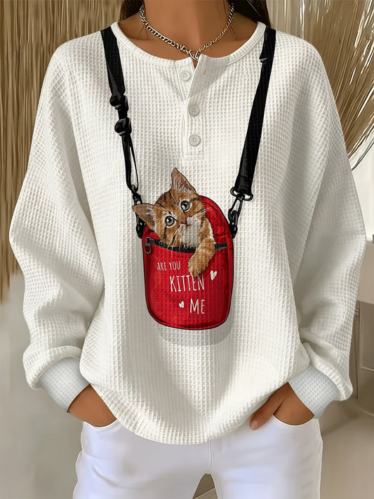 Women’s White & Red Sweater with Orange Cat Print