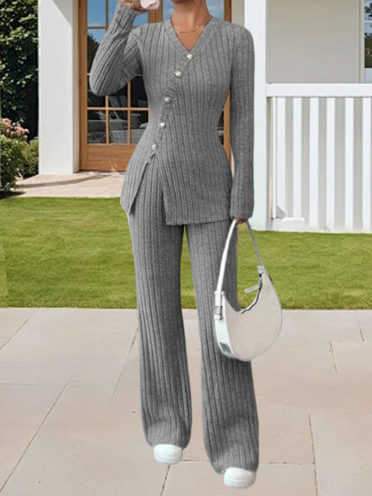 Solid Ribbed V Neck Long Sleeve Slip Hem Tops and Straight Pants,