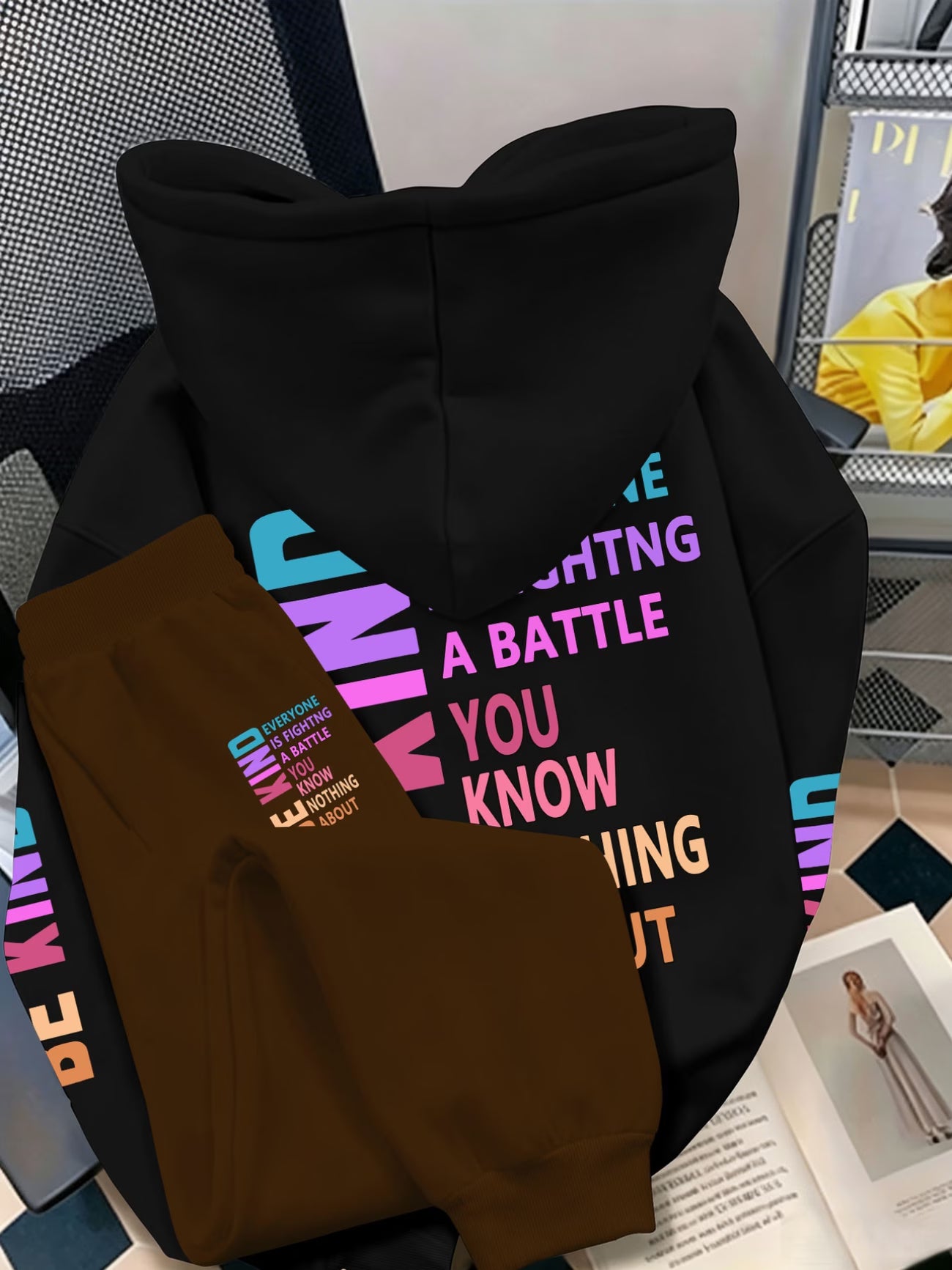 Plus Size Hooded Sweatshirt Set — Multi-Colour Positive Message Triple Back Print