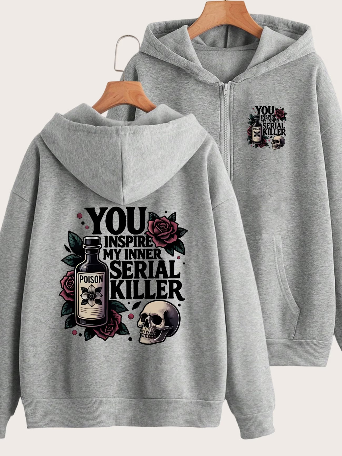 Poison Skull Rose 2-Pattern Dark Print Y2K Zippered Hoodie | Front & Back