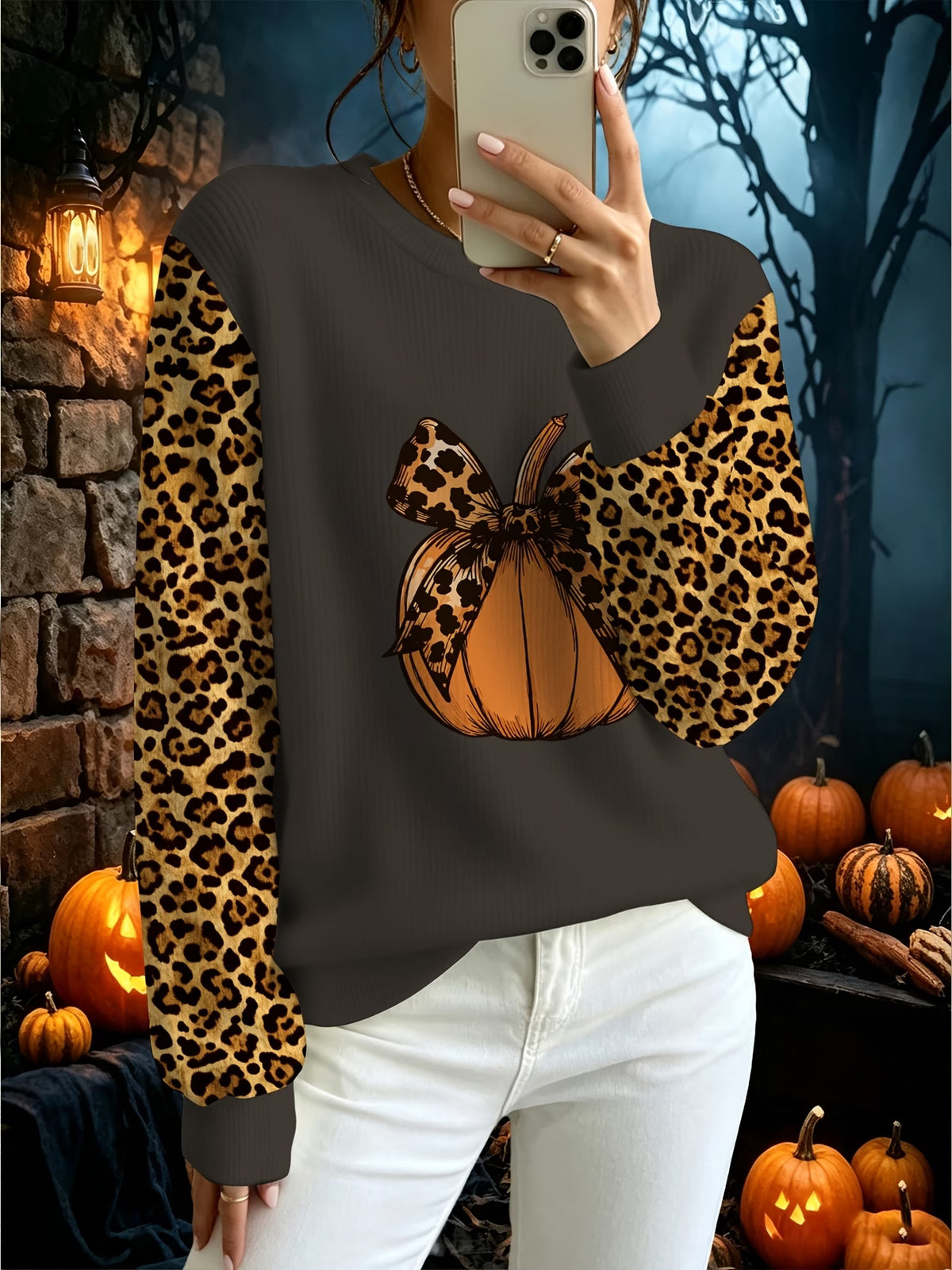 Women's Halloween Leopard, Bow & Pumpkin Print Pullover