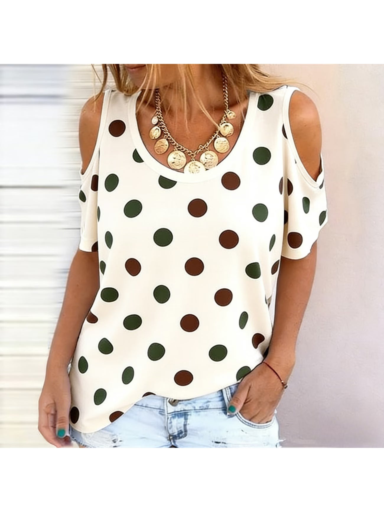 Mosaic Polka Dot Off-Shoulder Top – Colour Block Loose Short Sleeve T-Shirt