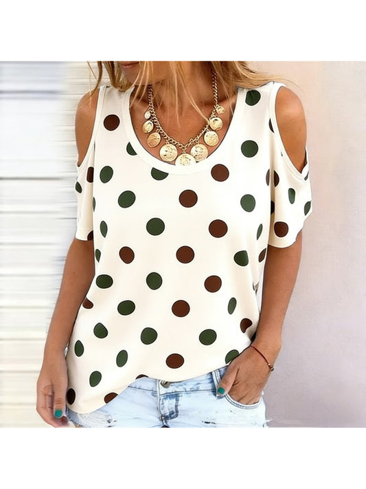 Mosaic Polka Dot Off-Shoulder Top – Colour Block Loose Short Sleeve T-Shirt