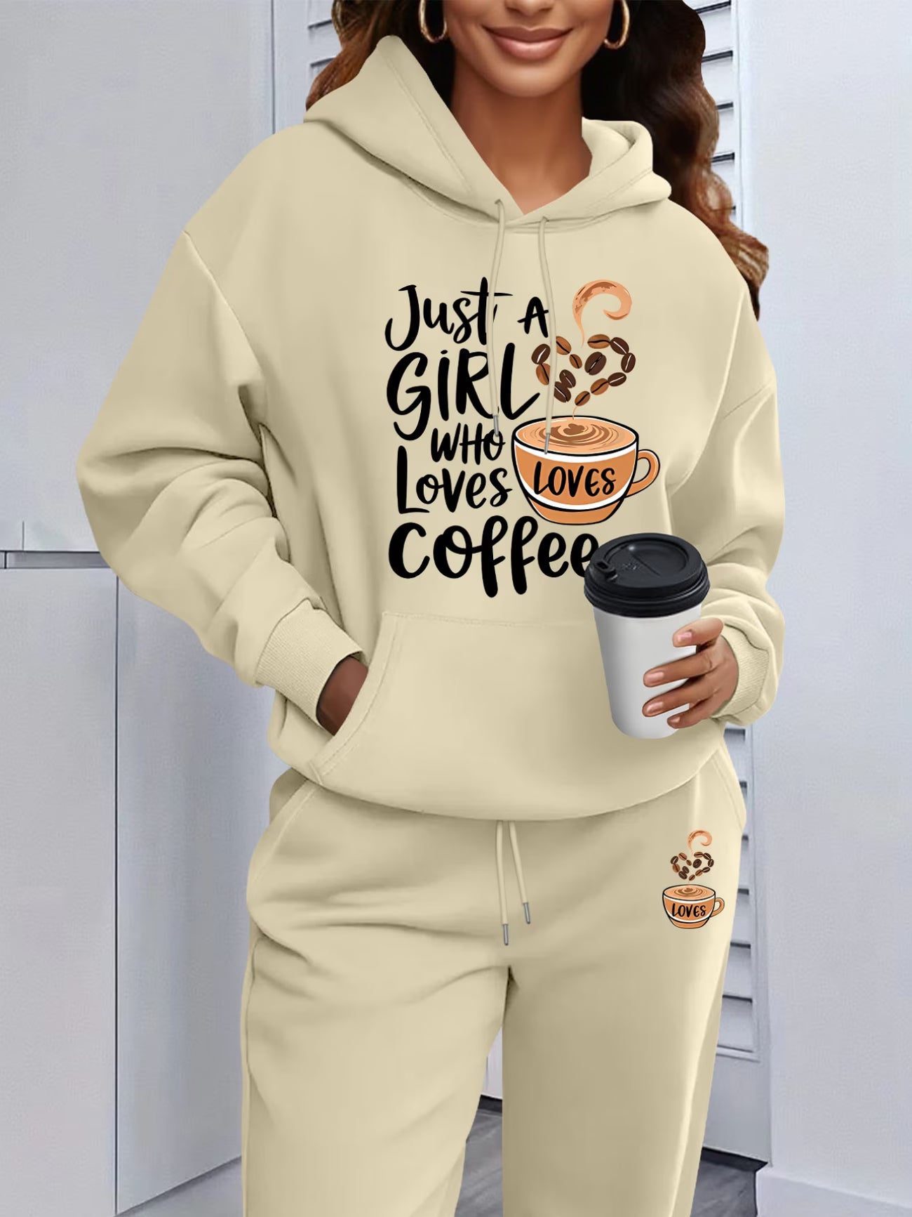 Coffee Lover Cup & Text Print Hooded Sweatshirt & Joggers Set