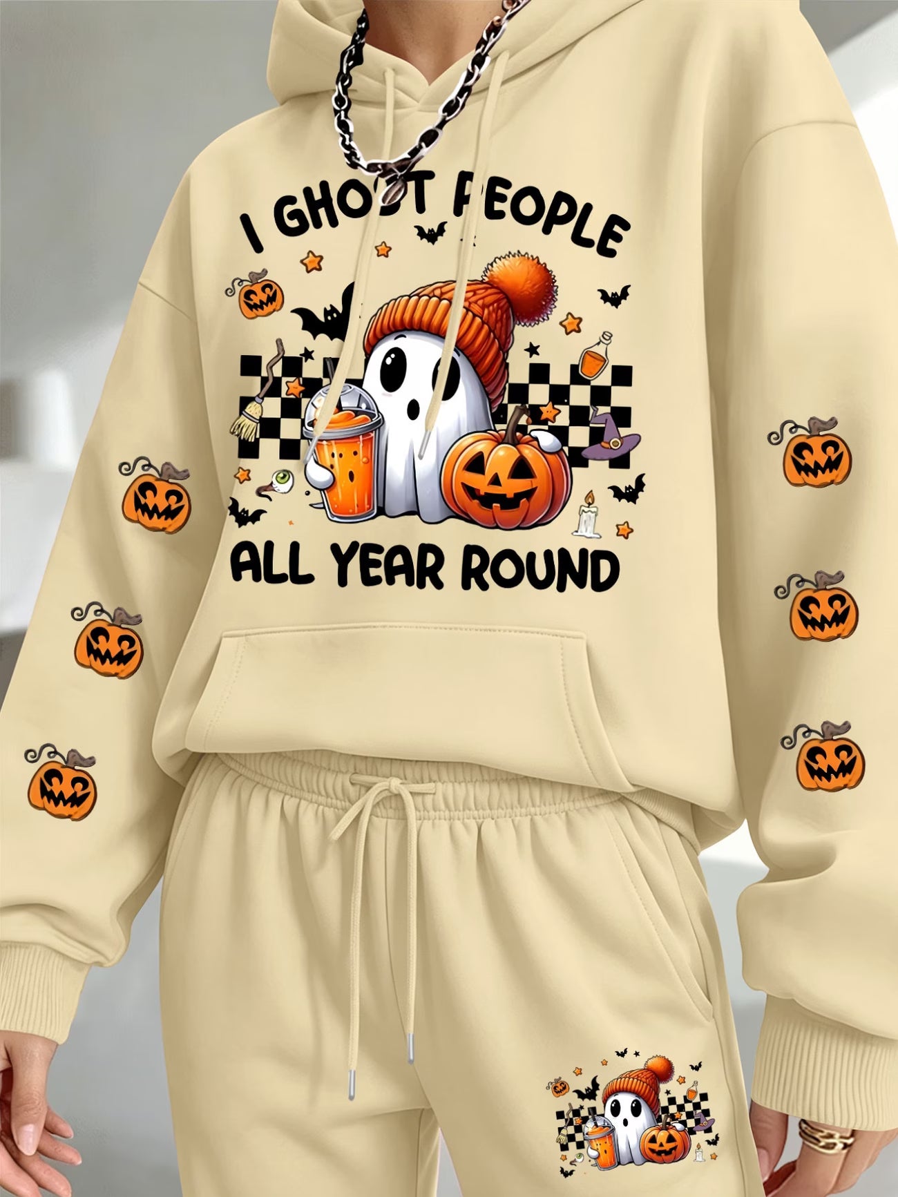 Women's Halloween Ghost & Jack-O'-Lantern Print Hoodie & Jogger Set