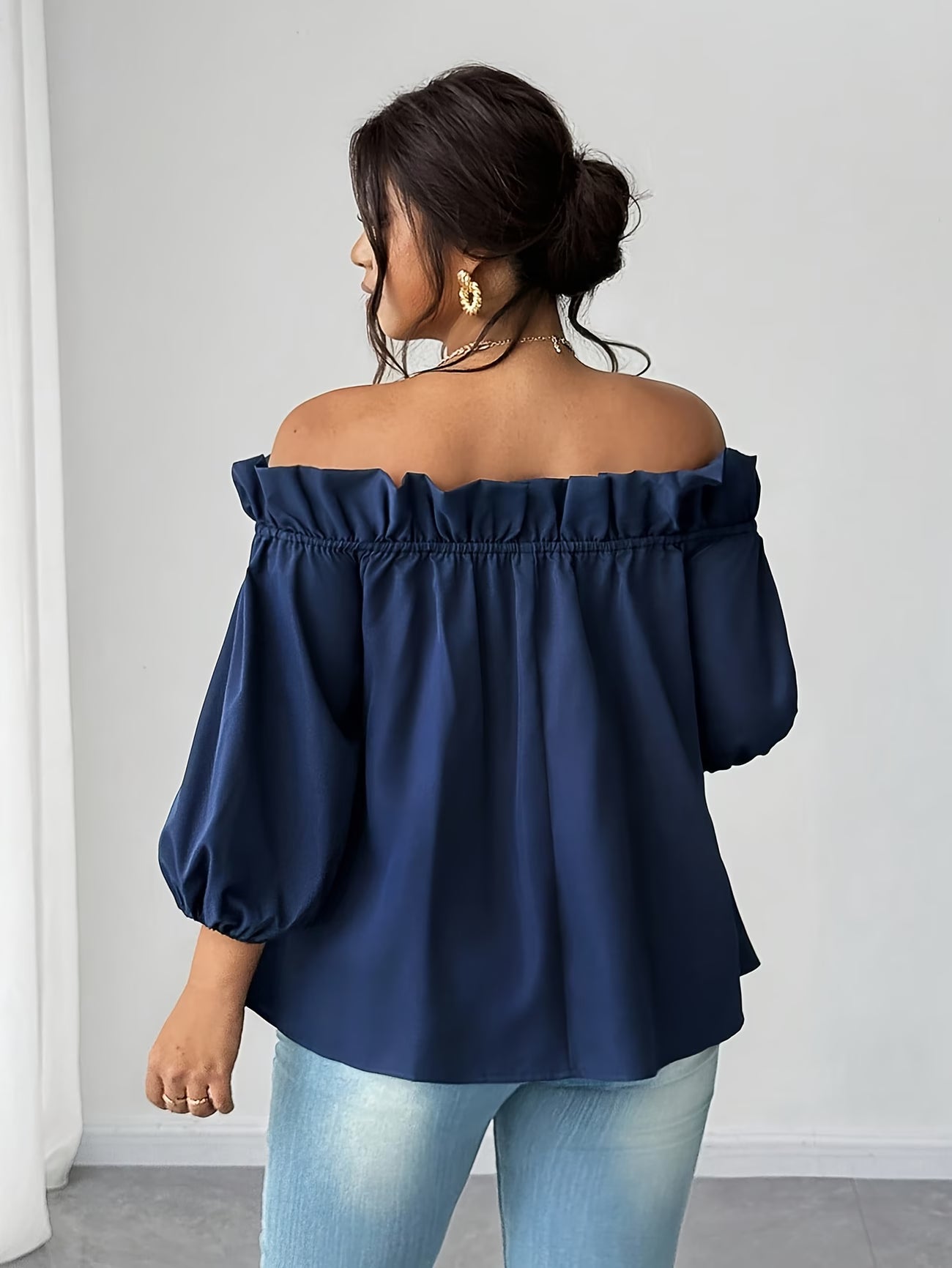 Plus Size Off-Shoulder Boat Neck Blouse — Navy