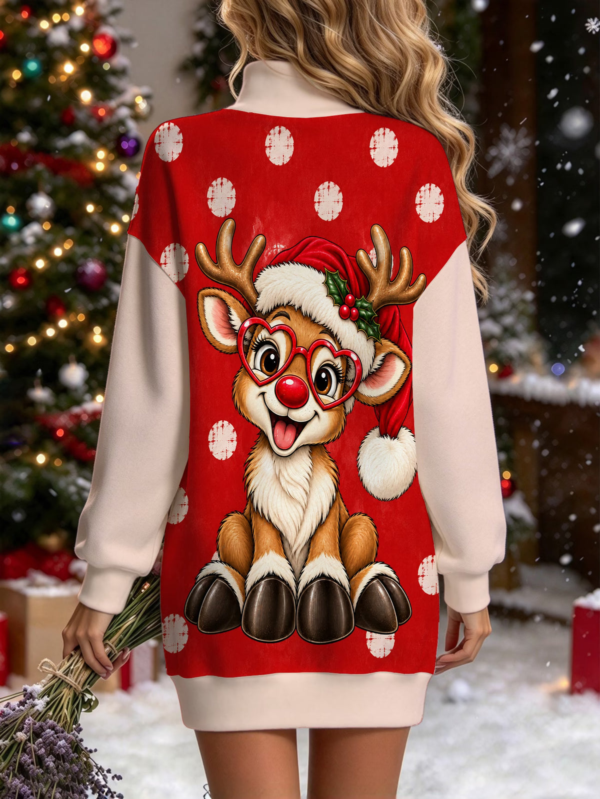 Women's Christmas Reindeer High-Neck Sweatshirt