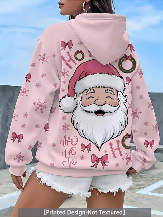 Women’s Pink Santa, Bow & Snowflake Print Hoodie