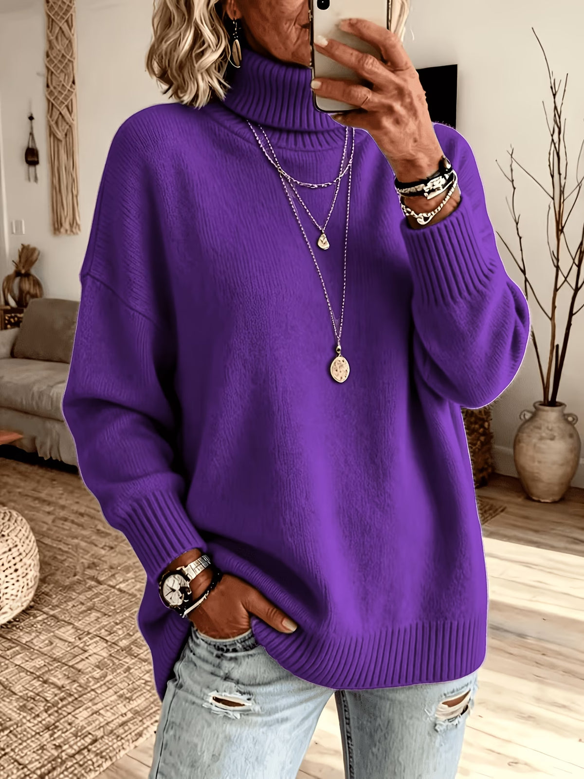 Plus Size High Neck Sweater - Soft Stretchy Pullover