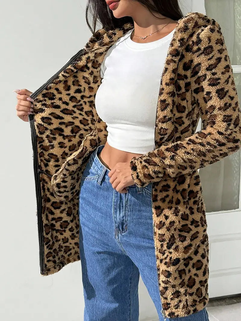 Lady-style elegant leopard print hooded jacket