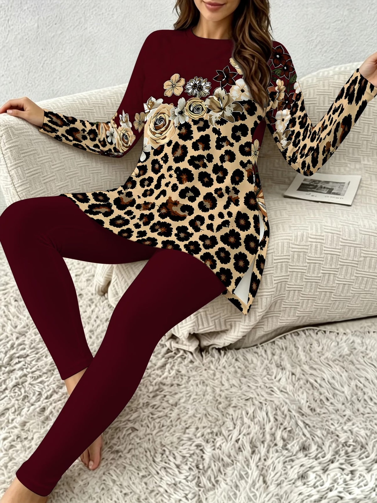 Women's Leopard & Floral Patchwork Print Trouser Set