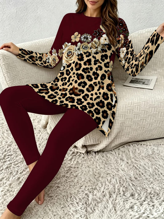 Women's Leopard & Floral Patchwork Print Trouser Set