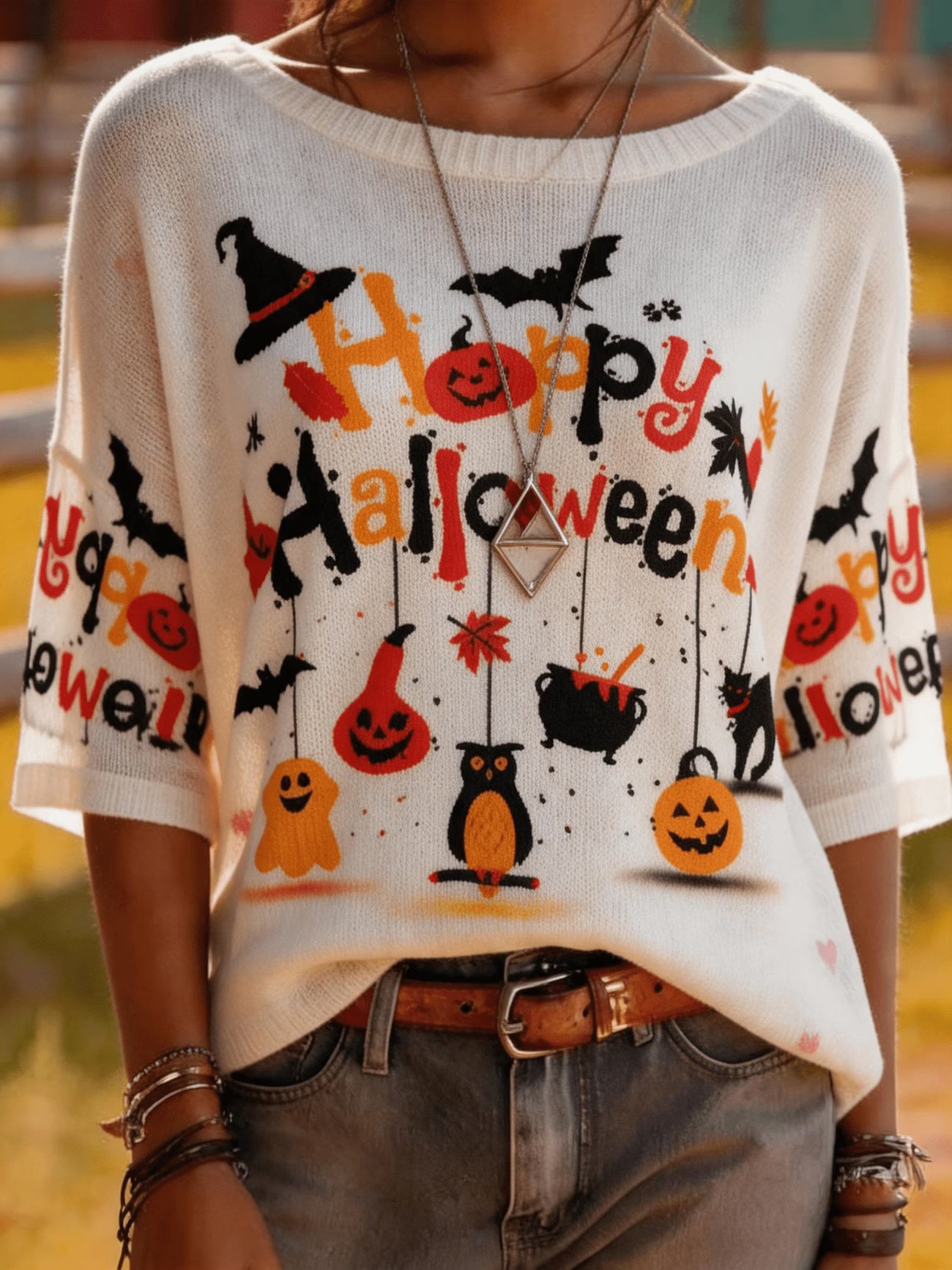 Halloween Pumpkin & Owl Print Lightweight Sweater Top