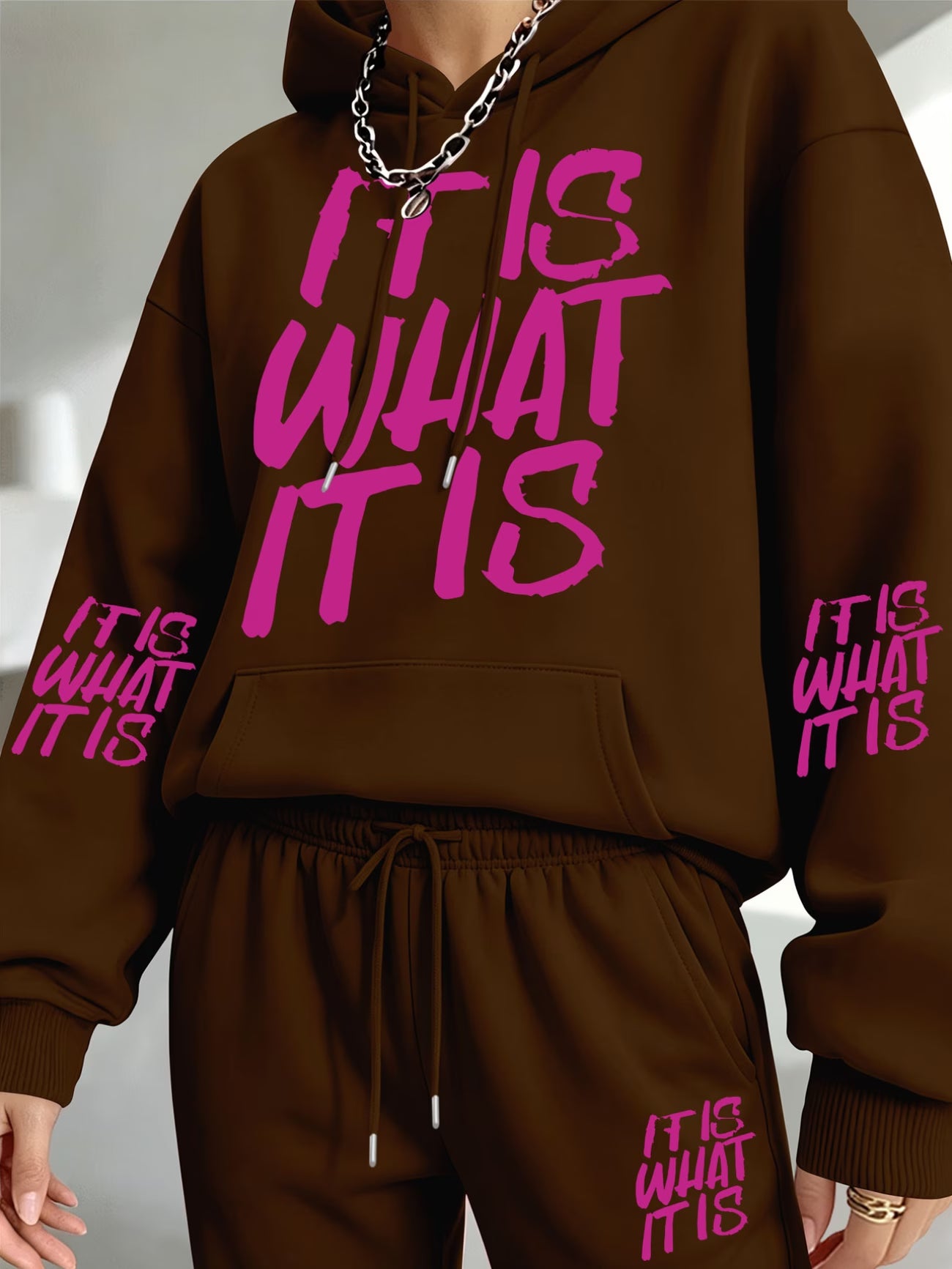 "It Is What It Is" Slogan Hooded Sweatshirt & Sweatpants Set