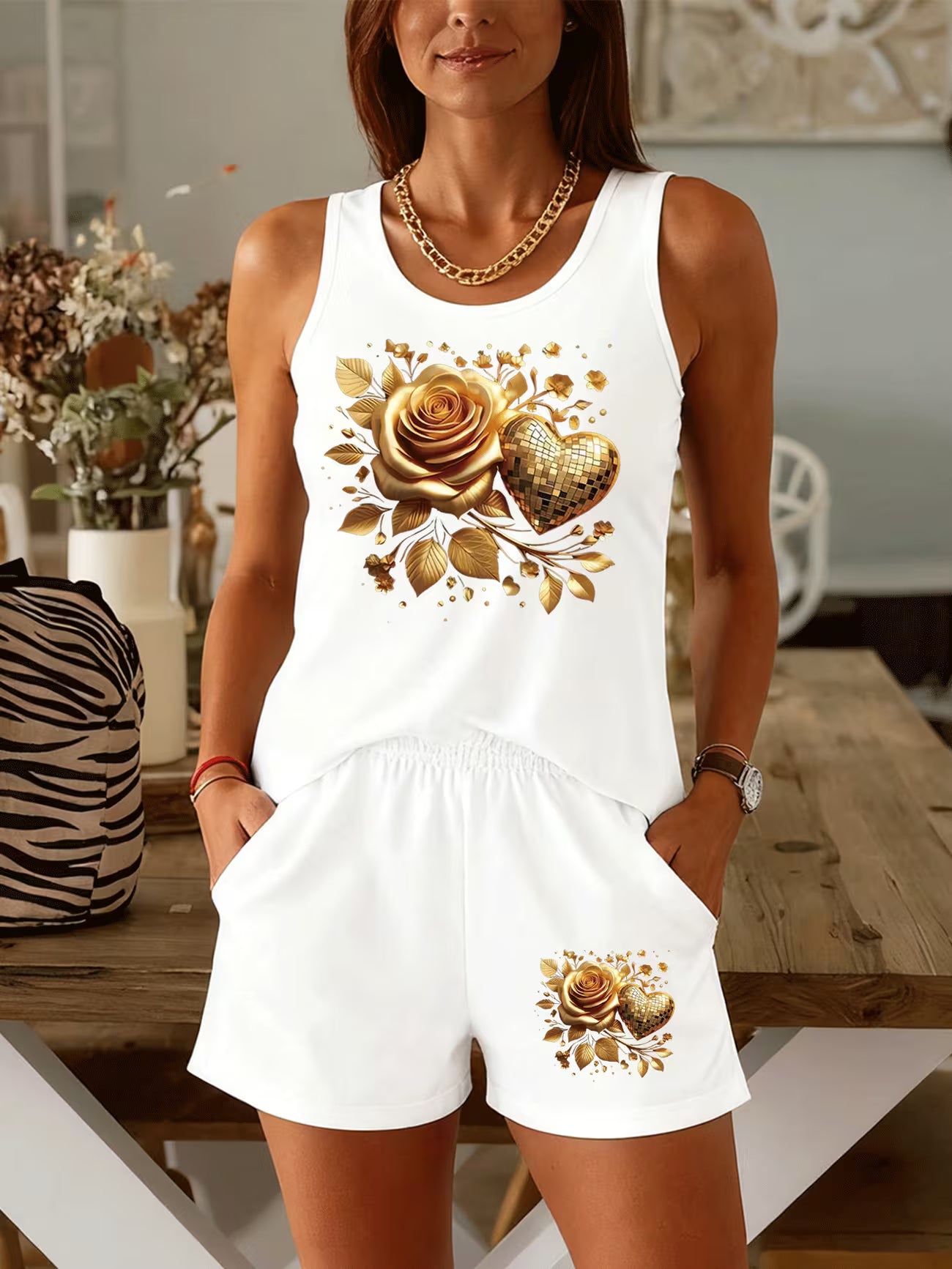 Gilded Rose Heart — Luxury Print Sleeveless Tank Top & Shorts Set