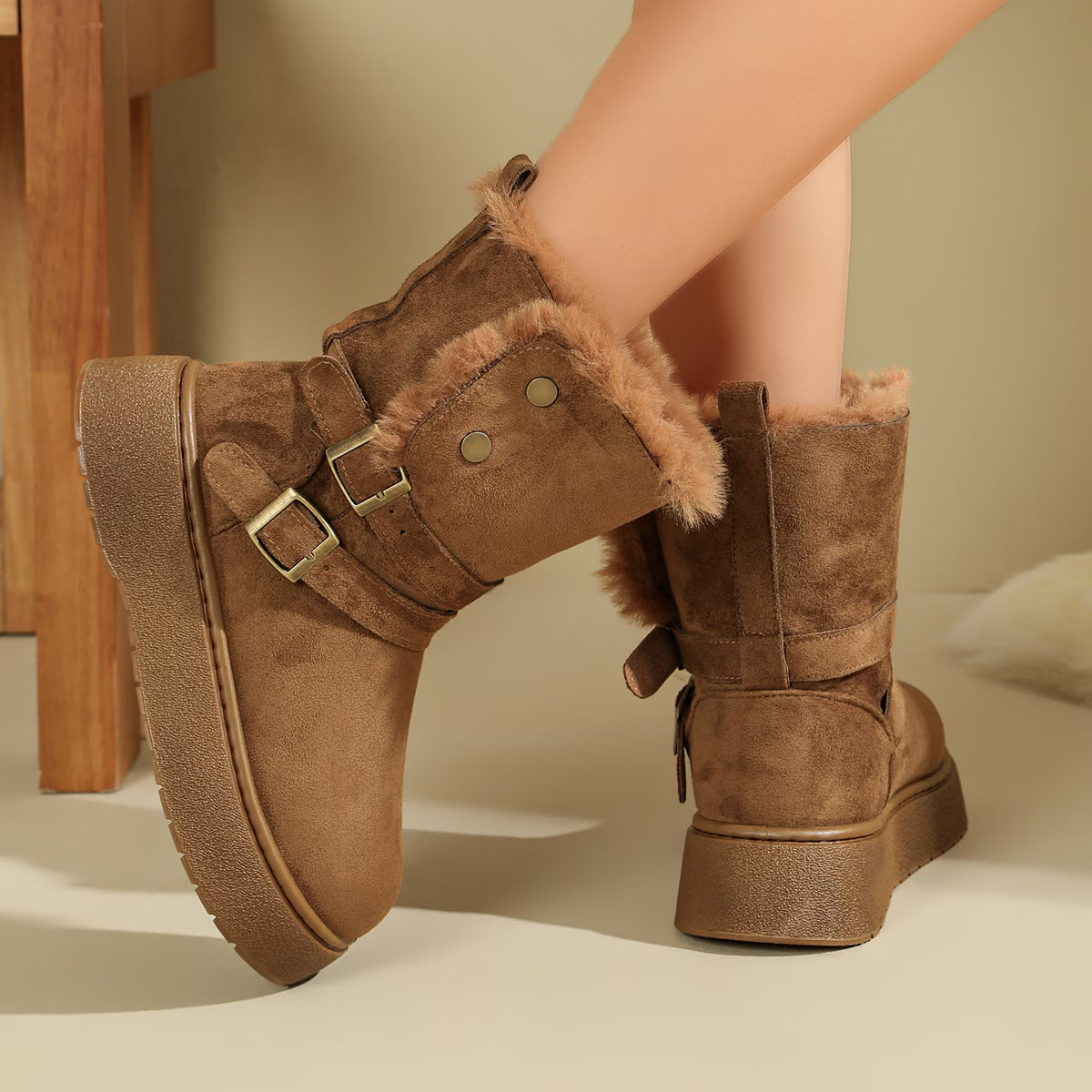 Women's Mid-Calf Platform Boots with Buckle Detail