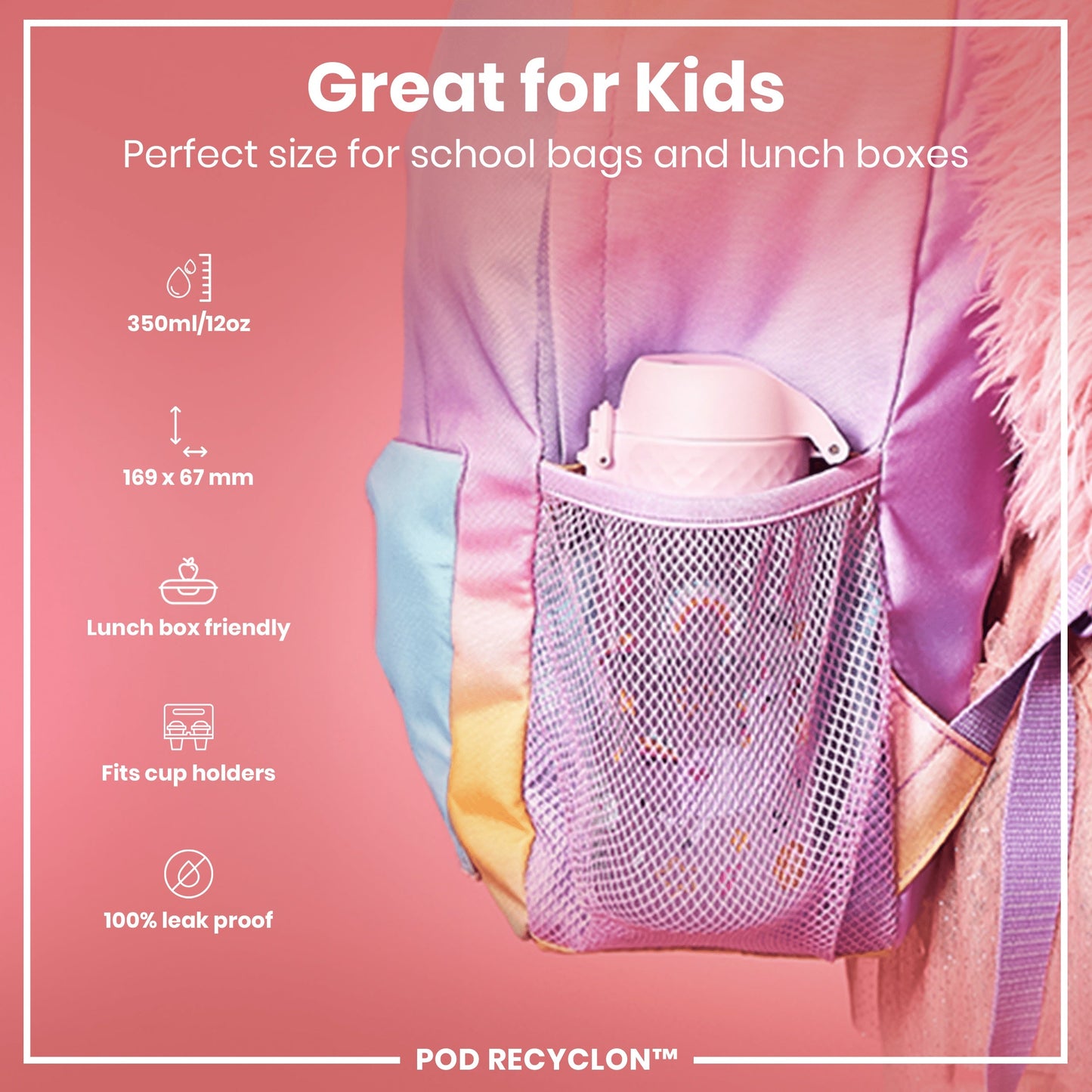 Leak Proof Kids Water Bottle, Recyclon, Unicorns, 350ml (12oz)