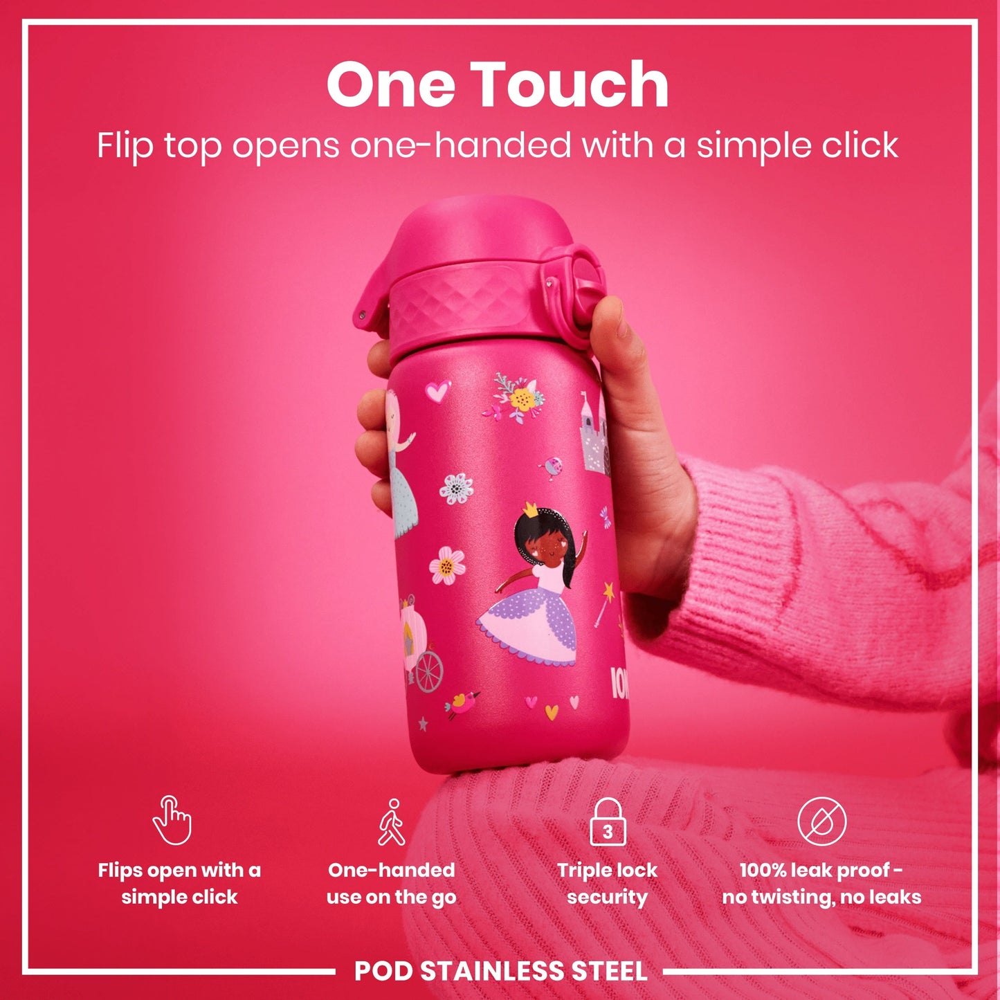 Leak Proof Kids Water Bottle, Stainless Steel, Princess, 400ml (13oz)