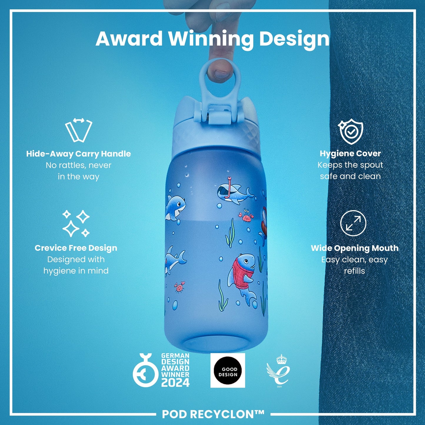 Leak Proof Kids Water Bottle, Recyclon, Sharks, 350ml (12oz)