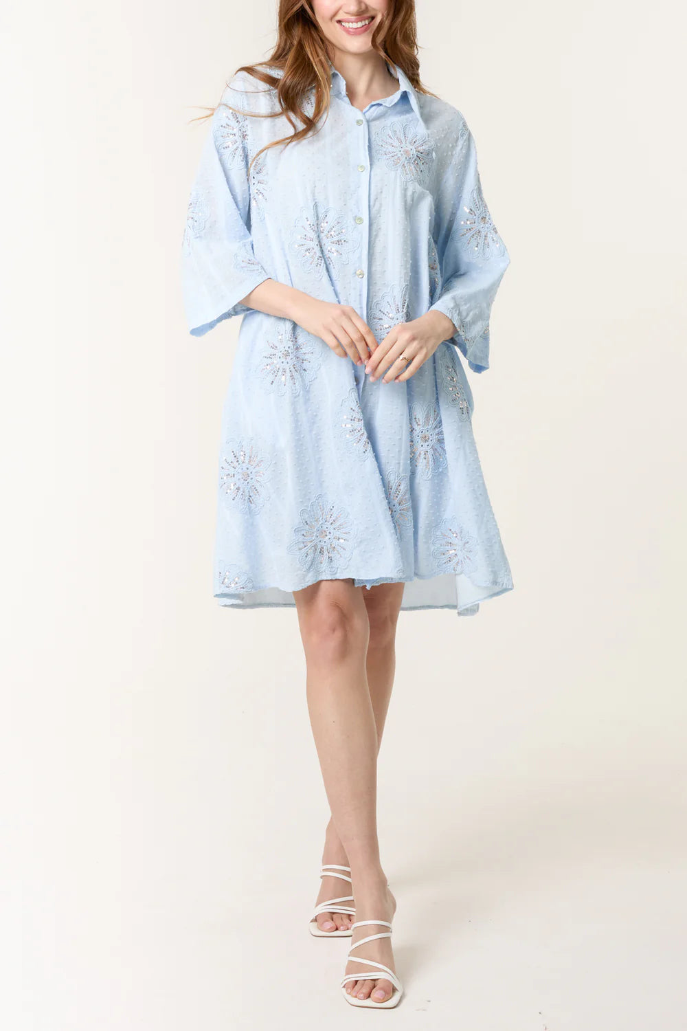 Sequin Daisy Cotton Dobby Shirt Dress – One Size Fits UK 8–16