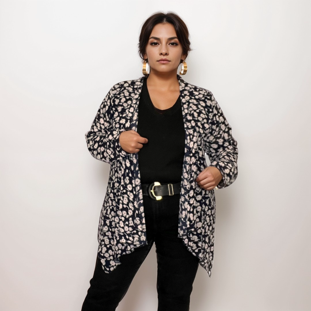 NAVY WHITE FLORAL CHIFFON WATERFALL OPEN FRONT JACKET COVER UP KIMONO