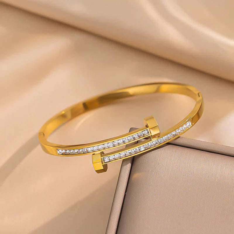Geometric Micro-Pavé Zirconia Bracelet — Gold-Plated Titanium Steel