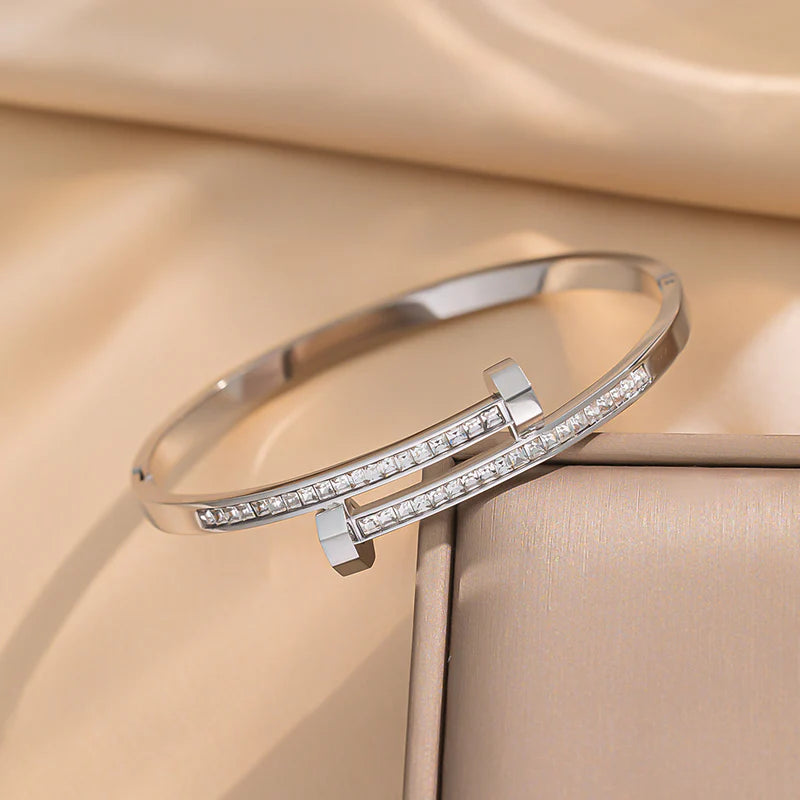 Geometric Micro-Pavé Zirconia Bracelet — Gold-Plated Titanium Steel