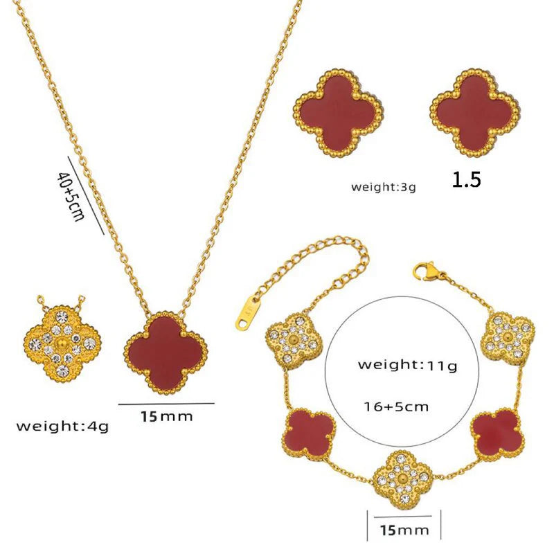 Clover Titanium Jewellery Set — Bracelet, Necklace & Earrings | Gold & Mother-of-Pearl