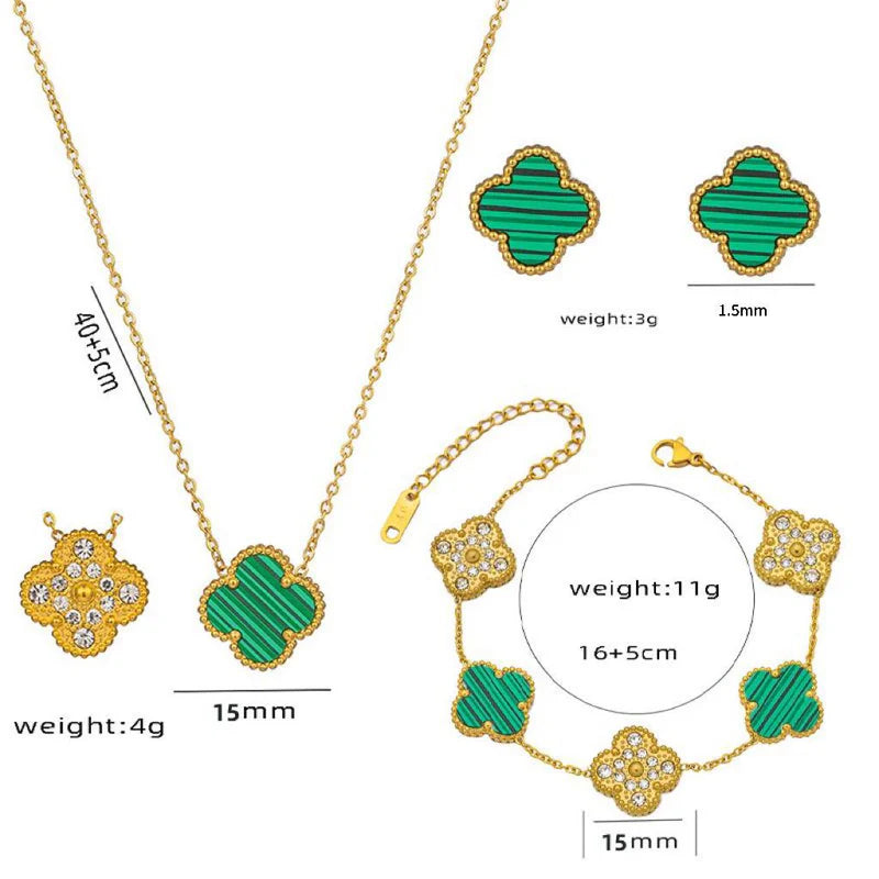 Clover Titanium Jewellery Set — Bracelet, Necklace & Earrings | Gold & Mother-of-Pearl