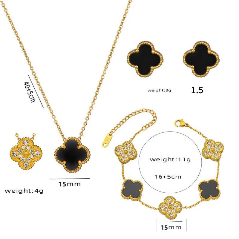 Clover Titanium Jewellery Set — Bracelet, Necklace & Earrings | Gold & Mother-of-Pearl