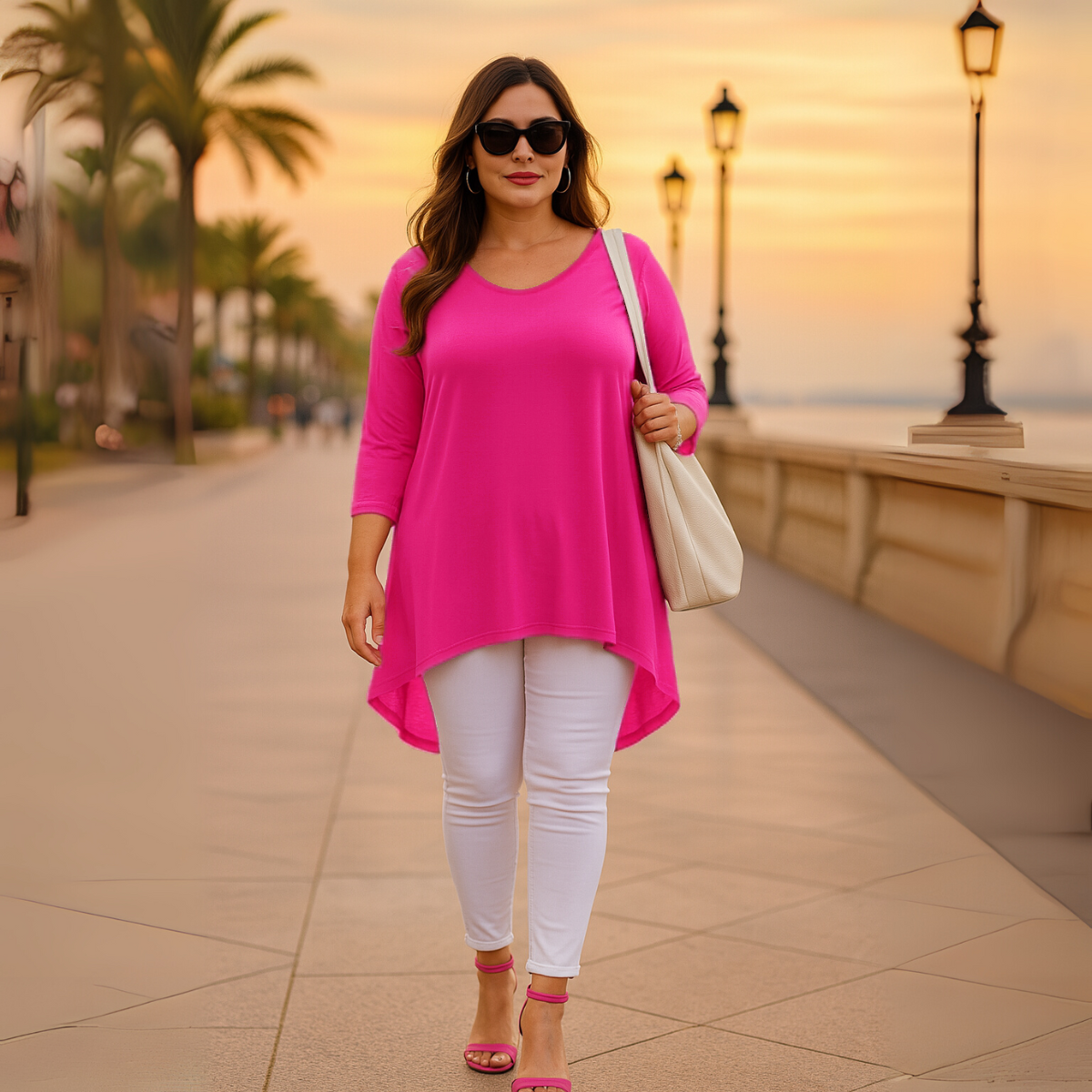 Plain 3/4 Sleeve Dipped Hem Top