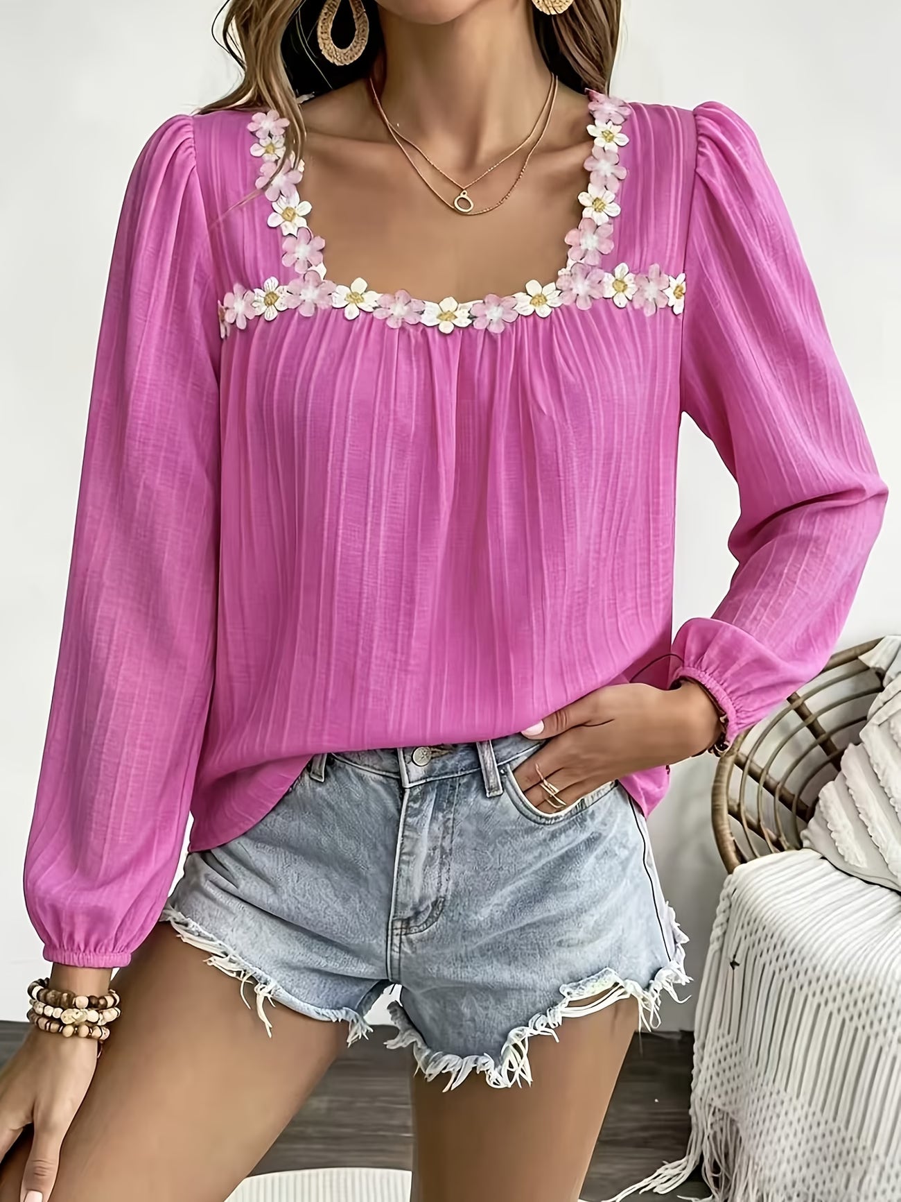 Floral Embroidery Puff Sleeve  Blouse