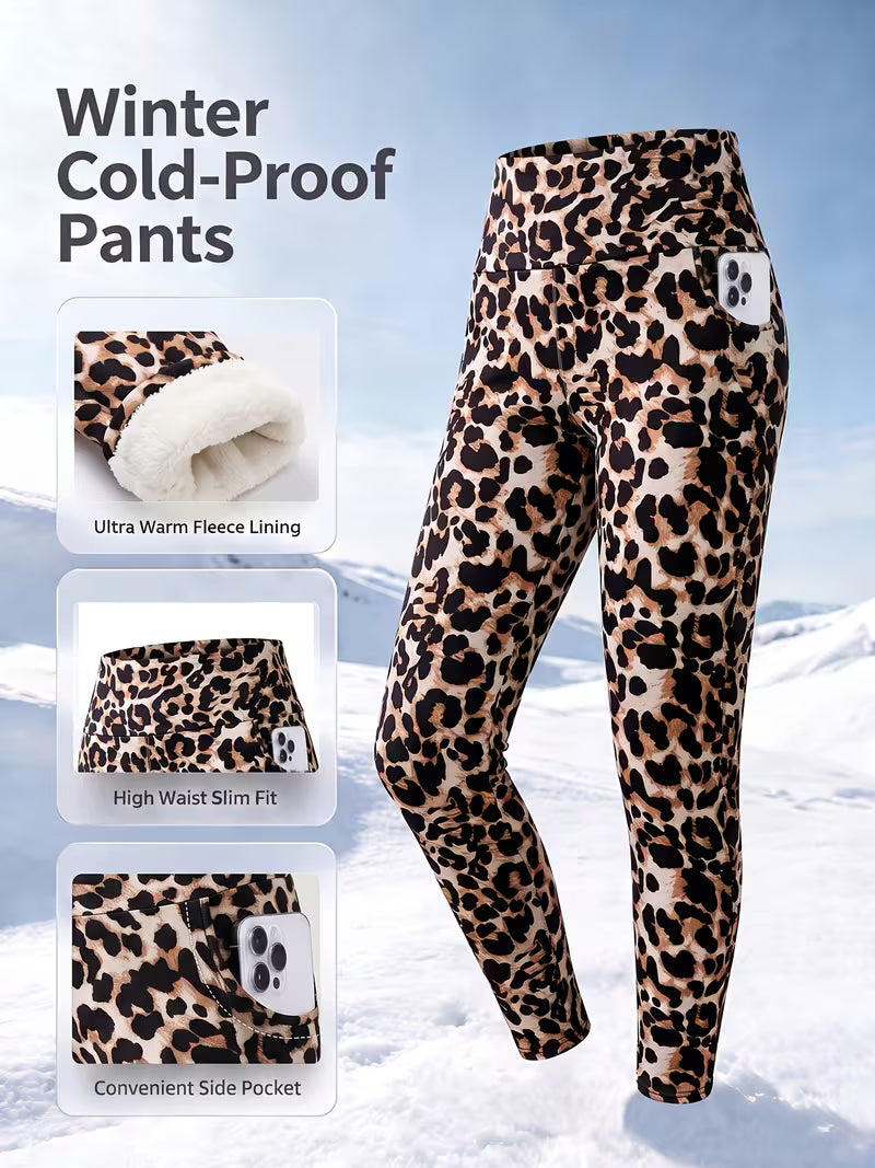 Women'S High-Waisted Slim Fit Warm And Fleece Leggings, Classic Leopard Print Winter Cold-Resistant Casual Pants